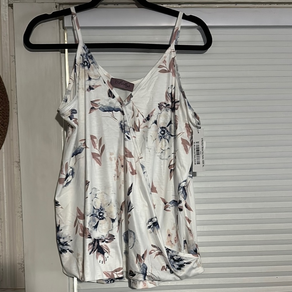 Asymmetrical White and Blue Floral Camisole